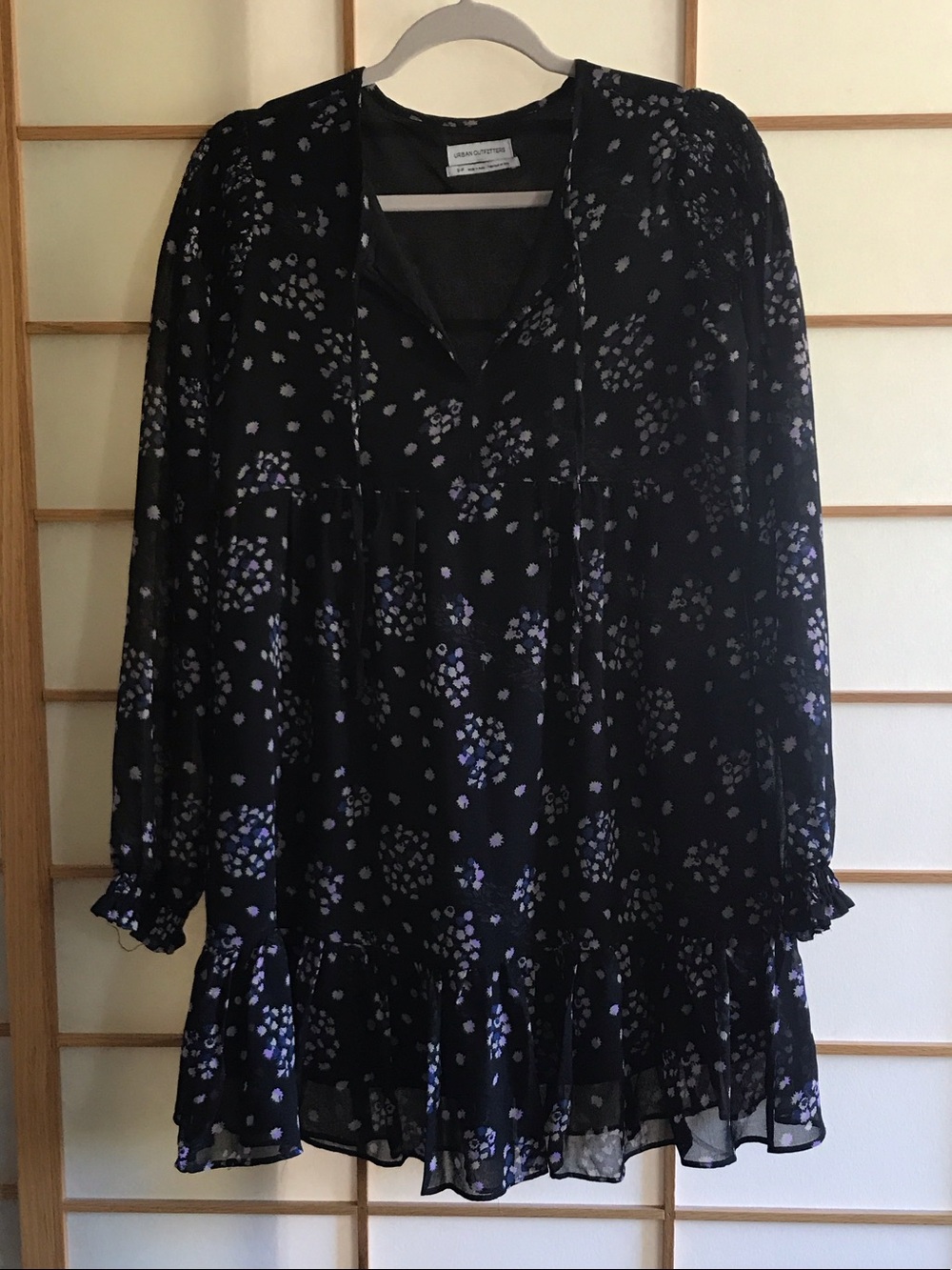 Urban Outfitters Black Floral Long-Sleeve Ruffle Hem Dress